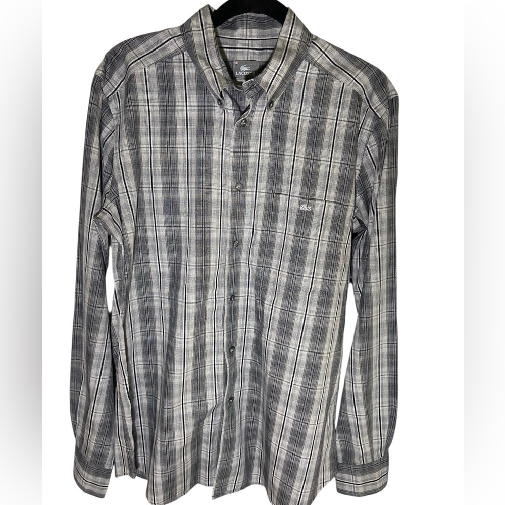 Lacoste Men’s black and grey plaid button down shirt, 100% cotton, size 41 / M